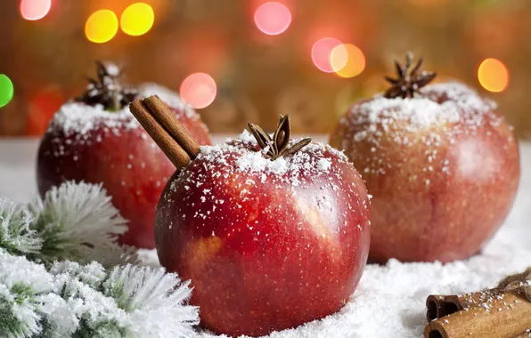Картинка снег, яблоки, елка, еда, ветка, Новый Год, Рождество, корица