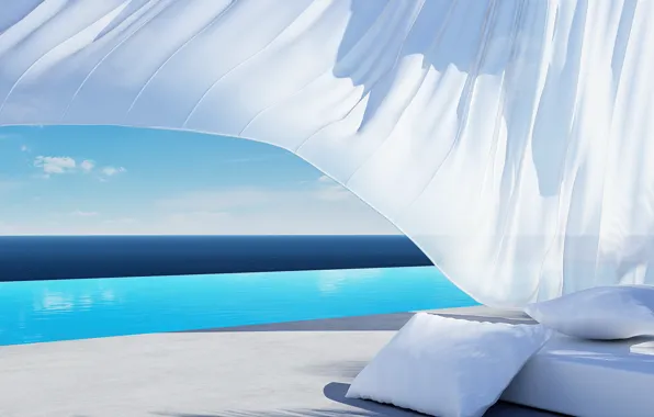 Море, горизонт, подушка, лежак, бассейн