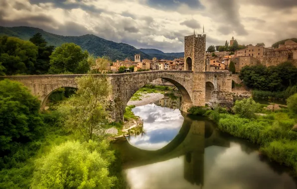 Картинка мост, отражение, Испания, Spain, Каталония, Catalonia, Fluvia River, Бесалу