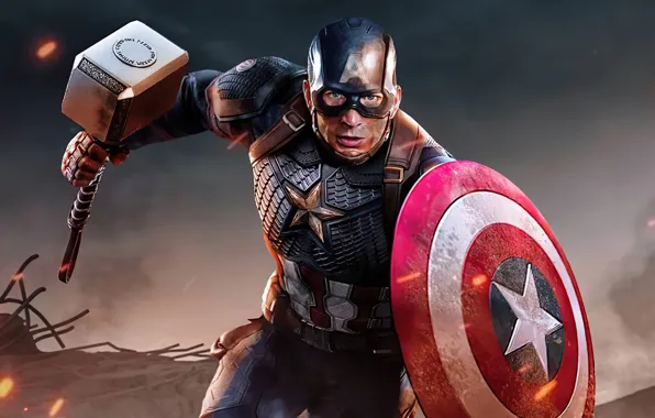 Картинка Chris Evans, Captain America, герой, молот, щит, Marvel, костюм