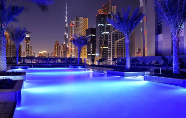 Картинка city, город, дома, вечер, бассейн, Дубай, отель, pool