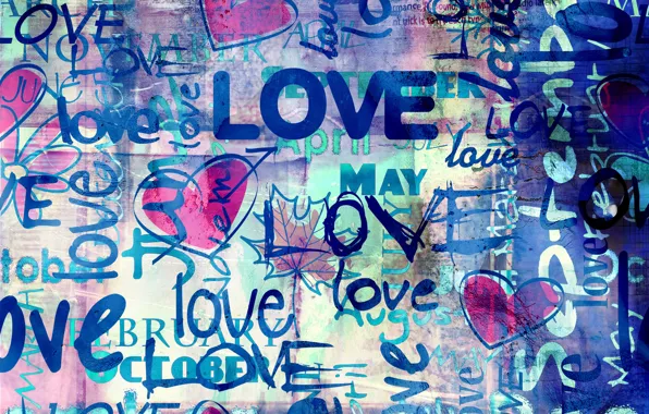 Картинка любовь, синий, стиль, надписи, фон, Love, сердечки, hearts