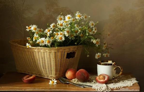 Цветы, стол, ромашки, букет, кружка, чашка, натюрморт, корзинка