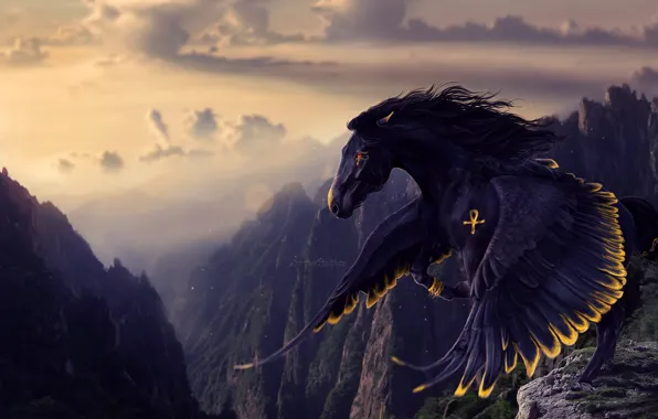 Картинка взгляд, рендеринг, крылья, грива, черная лошадь