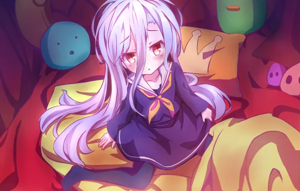 Игрушки, кровать, anime, art, смущение, Shiro, No game no life