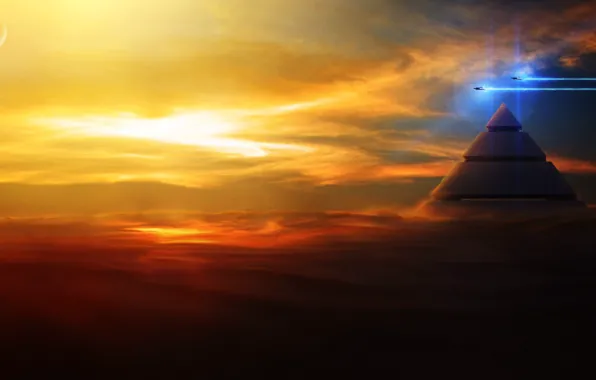 Картинка облака, полет, закат, корабли, арт, пирамида, в небе