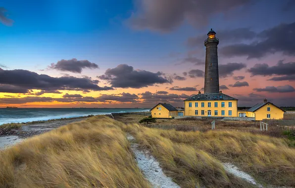 Grass, ocean, coast, sunset, lighthouse
