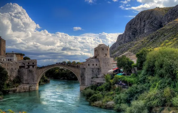 Картинка скала, река, Босния и Герцеговина, Mostar, Мостар, Старый Мост, Bosnia and Herzegovina