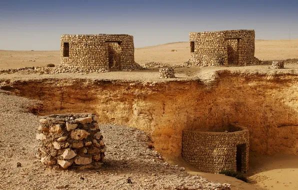 Картинка песок, камни, здания, сооружения, руины, Qatar, Zekreet
