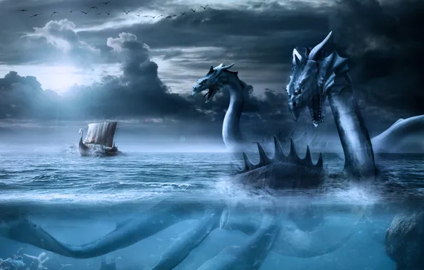 Картинка море, небо, птицы, тучи, дракон, корабль, парусник, монстр