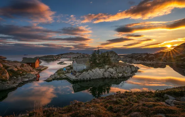 Картинка море, небо, облака, закат, побережье, Норвегия, домики, Norway