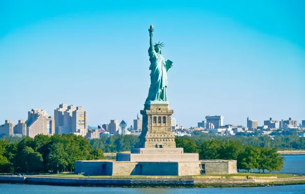 City, Нью-Йорк, skyline, sky, blue, new york city, statue of liberty, manhatten