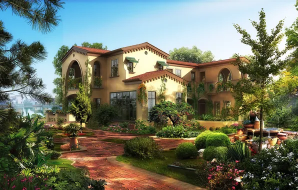 Картинка город, вилла, сад, особняк