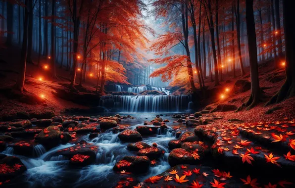 Осень, лес, листья, пейзаж, природа, ручей, водопад, огоньки