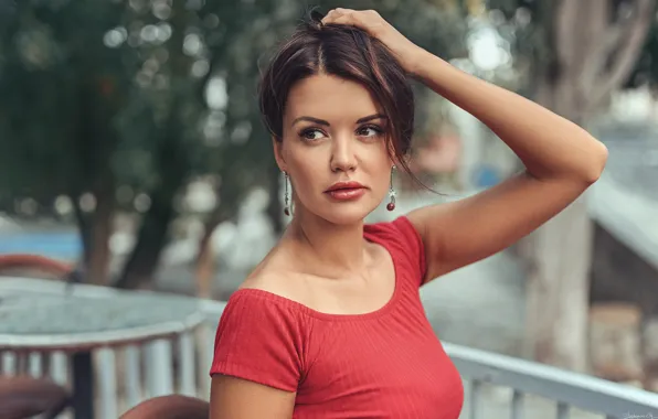 Поза, модель, портрет, макияж, брюнетка, прическа, красотка, в красном