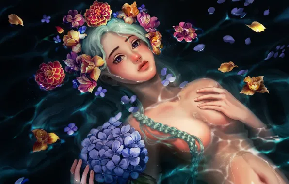 Цветы, Вода, Девушка, Рисунок, Тело, Girl, Лепестки, Beautiful