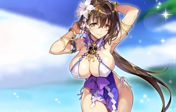 Girl, sexy, cleavage, long hair, dress, brown hair, boobs, anime