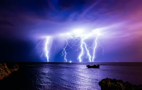 Гроза, ночь, тучи, шторм, природа, океан, молния, Австралия