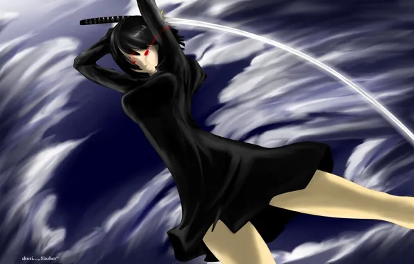 Катана, удар, вихрь, красные глаза, безумие, Durarara, одержимая, Anri Sonohara