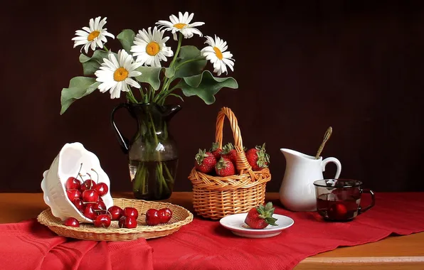 Ягоды, ромашки, клубника, чашка, ваза, натюрморт, корзинка, черешня