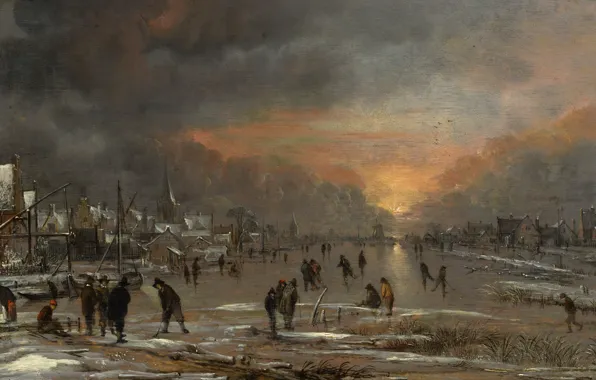 Картинка пейзаж, картина, Aert van der Neer, Арт ван дер Неер, Катание на Замёрзшей Реке