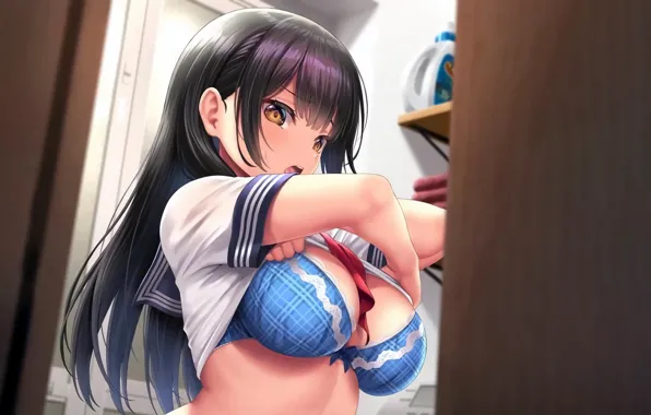Girl, sexy, lingerie, bra, cleavage, long hair, boobs, anime