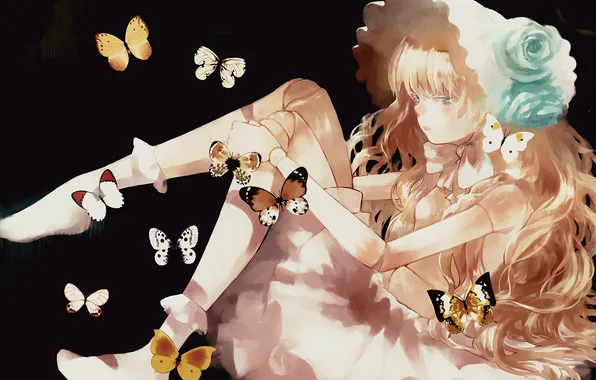 Девушка, бабочки, цветы, розы, аниме, арт, moekon