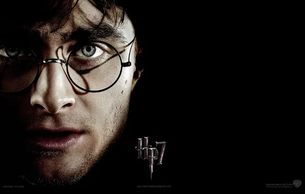 Лицо, очки, Гарри Поттер, чёрный фон, Гарри Поттер и Дары Смерти, Harry Potter and The …