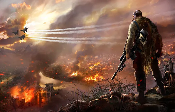 Картинка истребители, снайпер, Sniper Ghost Warrior 2, горящий город
