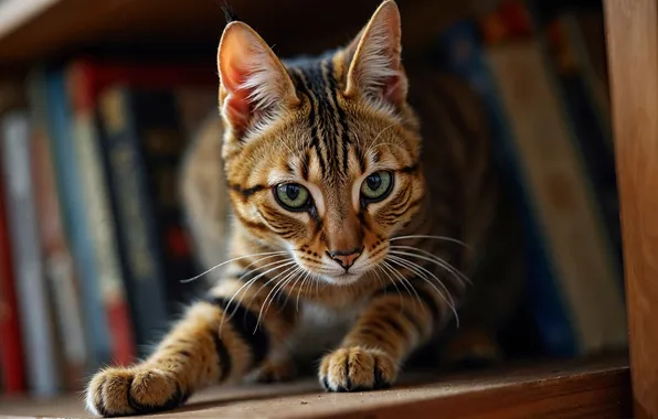Кошка, кот, взгляд, поза, книги, портрет, лапки, полка
