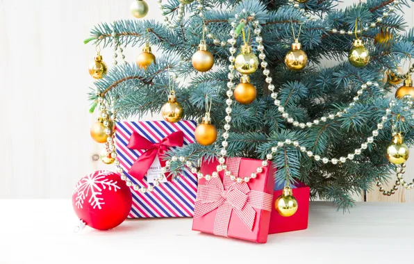 Шарики, шар, ель, Рождество, подарки, Новый год, ёлка, гирлянды