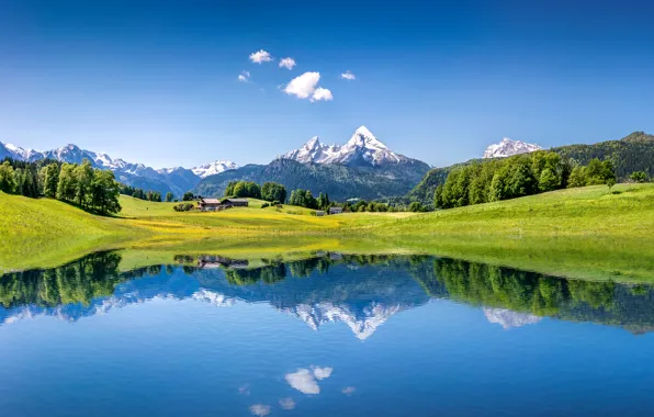 Картинка Небо, Природа, Луга, Горы, Озеро, Швейцария, Альпы, Пейзаж
