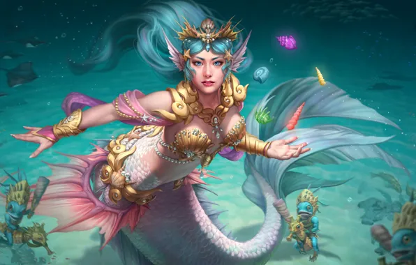 Море, вода, девушка, русалка, арт, smite, Nu Wa, Cove Queen Nu Wa