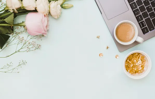 Картинка цветы, ноутбук, pink, flowers, coffee cup, эустома, laptop, чашка кофе