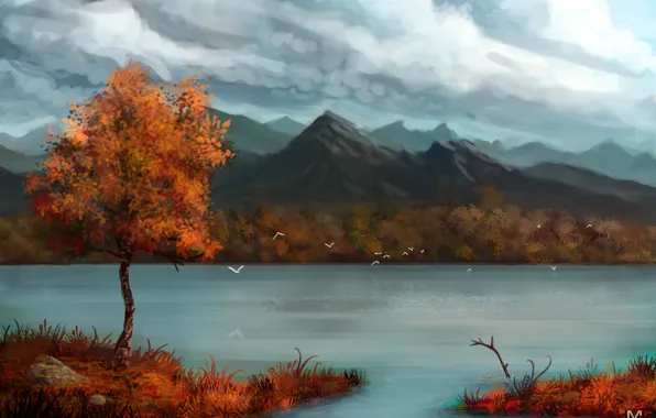 Картинка осень, горы, птицы, тучи, река, дерево, арт