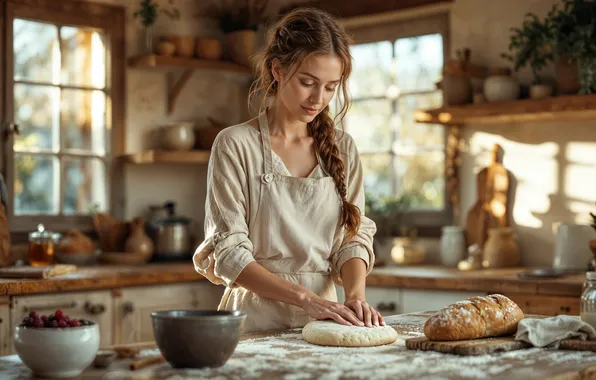 Картинка девушка, кухня, коса, мука, тесто, стряпня, ИИ-арт, НЕЙРОСЕТЬ