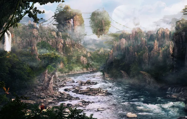 Пейзаж, река, голубое, водопад, джунгли, зелёное