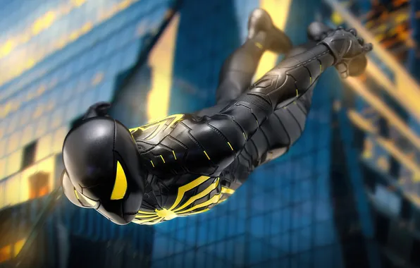 Город, маска, полёт, небоскрёбы, Spiderman, обтягивающий костюм