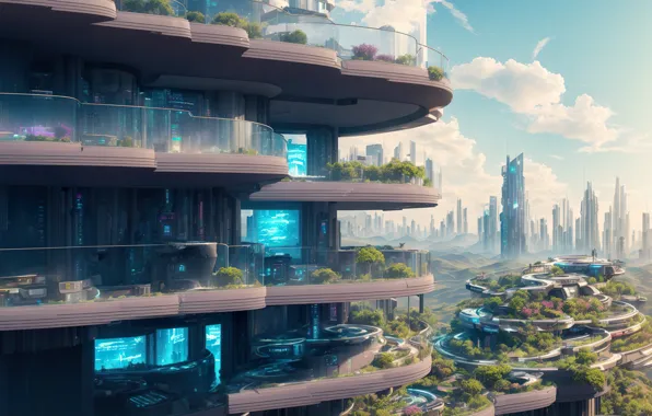 City, future, landscape, art, fantastic, cyberpunk, digital art, Futuristic