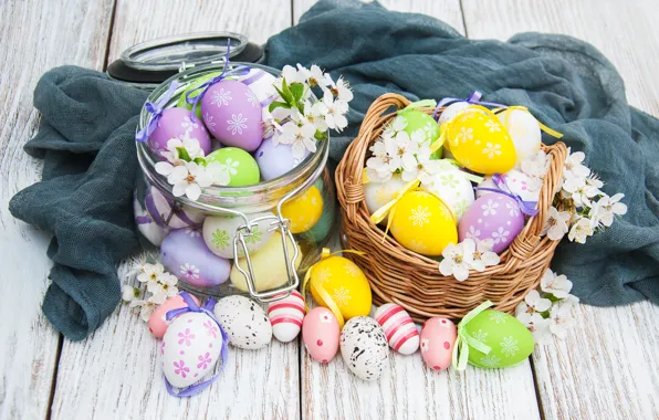 Цветы, яйца, весна, colorful, Пасха, happy, wood, blossom