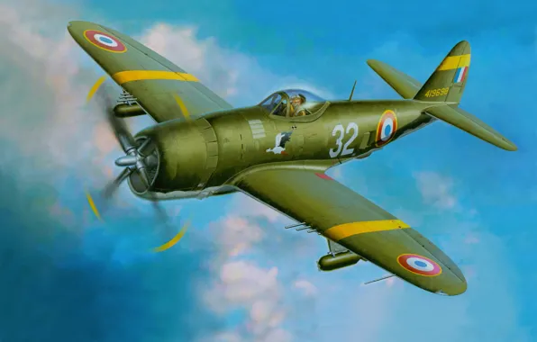 Небо, рисунок, арт, штурмовик, самолёт, истребитель-бомбардировщик, WW2, Рипаблик P-47 «Тандерболт»