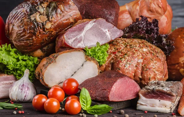 Мясо, помидоры, специи, чеснок, ассорти, базилик, сало