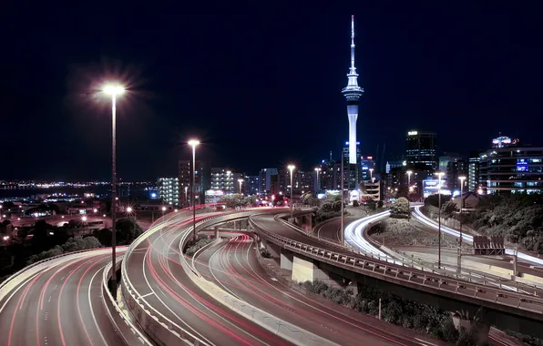 Дорога, ночь, огни, Новая Зеландия, Окленд, New Zealand, Auckland, night