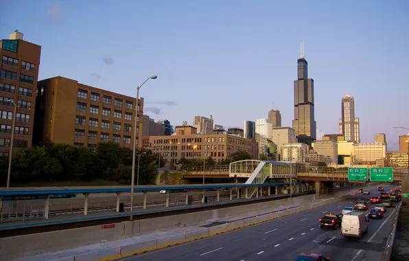 Картинка дорога, машины, движение, небоскребы, чикаго, Chicago