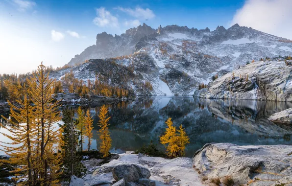 Картинка осень, деревья, горы, озеро, отражение, штат Вашингтон, Каскадные горы, Washington State