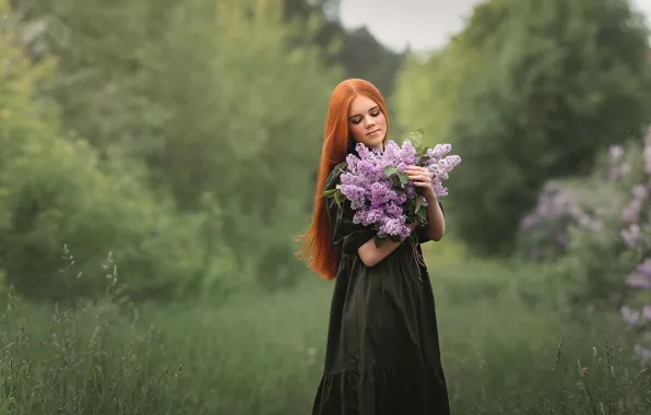 Девушка, природа, букет, платье, рыжая, сирень, Наталья Ветошкина