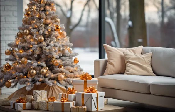 Шарики, украшения, диван, шары, игрушки, Рождество, подарки, Новый год