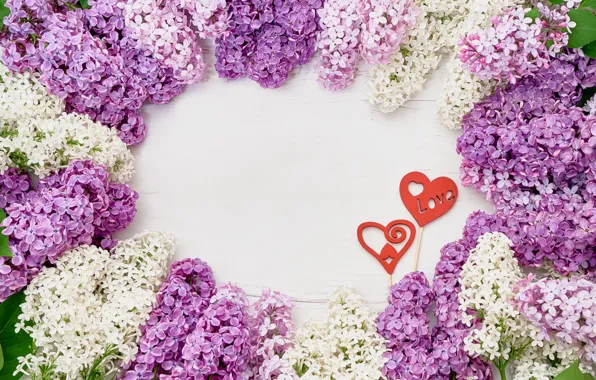 Картинка цветы, heart, wood, flowers, сирень, romantic, lilac, frame