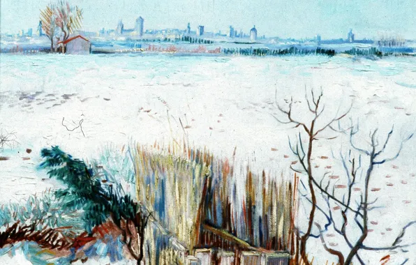 Картинка зима, Vincent van Gogh, with Arles in the Background, Snowy Landscape