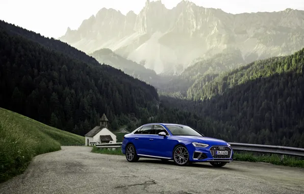 Синий, Audi, седан, Audi A4, на дороге, Audi S4, 2019